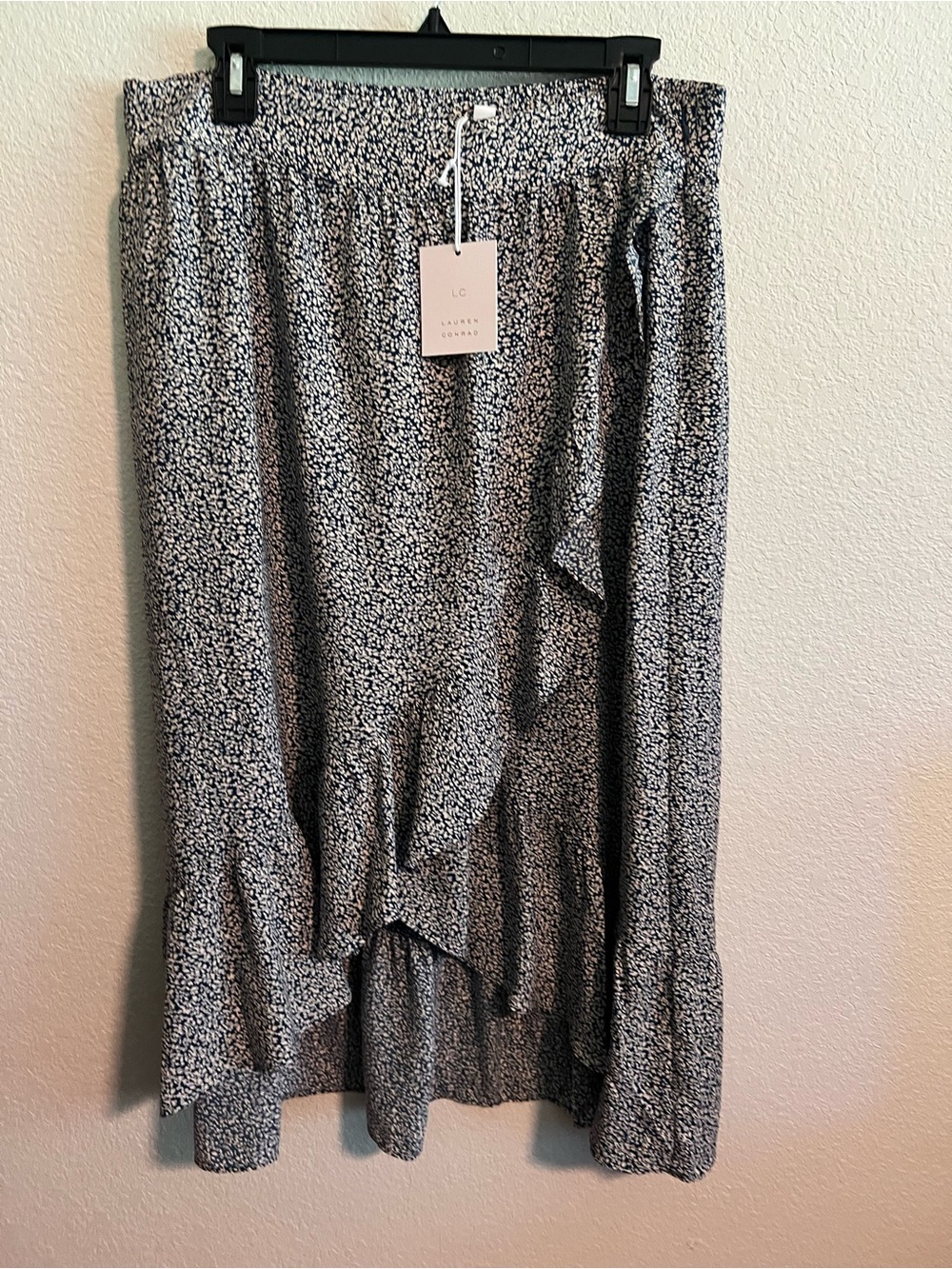 NWT LC Lauren Conrad Blue and White Printed Ruffle Midi Skirt